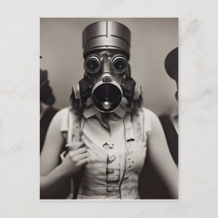 Kvinna i ett vykort för gasmask
