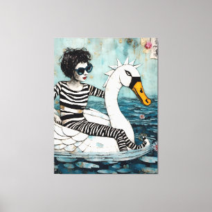 Kvinna i ett Zebra-randelsverk Flytande på Svan Canvastryck