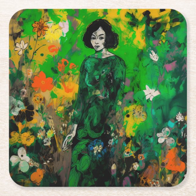 kvinna i färglöst fält underlägg papper kvadrat (Framsidan)