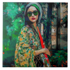 Kvinna i Grönt Slasser Kakelplatta