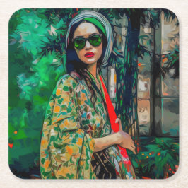 Kvinna i Grönt Slasser Underlägg Papper Kvadrat