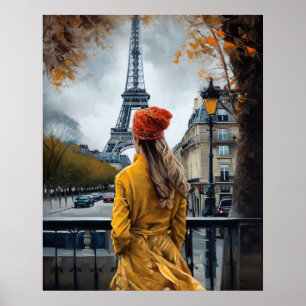 Kvinna i Gult Bathrobe Admiring Eiffel Torn Poster