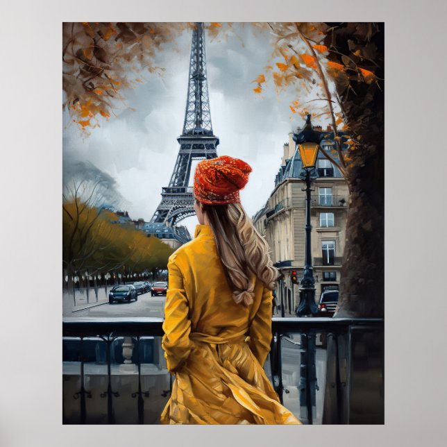 Kvinna i Gult Bathrobe Admiring Eiffel Torn Poster (Framsidan)