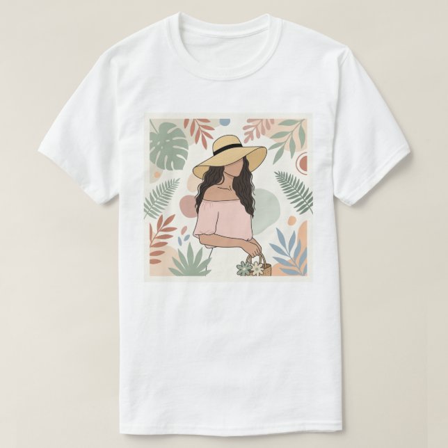 Kvinna i halmhatt med blommor t shirt (Design framsida)