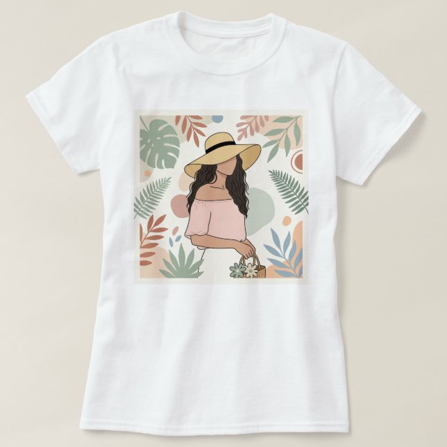 Kvinna i halmhatt med blommor t shirt (Design framsida)