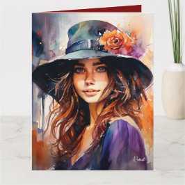 Kvinna i Hat: Porträtt i Vibrant Grace Kort