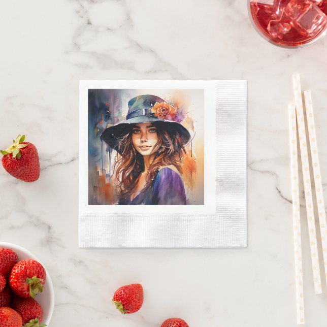 Kvinna i Hat: Porträtt i Vibrant Grace Pappersservett (Insitu)