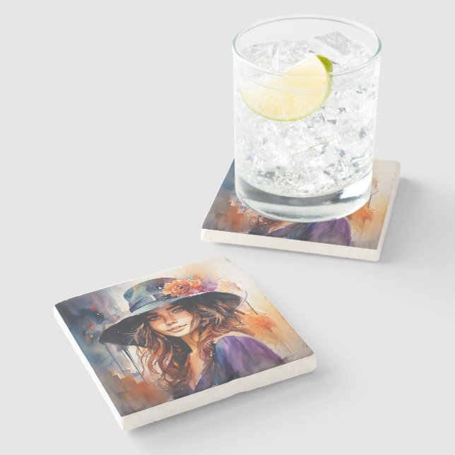 Kvinna i Hat: Porträtt i Vibrant Grace Stenunderlägg (Sidan)