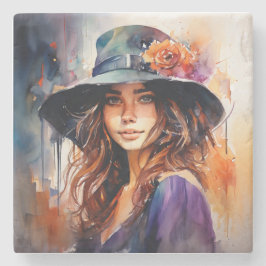 Kvinna i Hat: Porträtt i Vibrant Grace Stenunderlägg