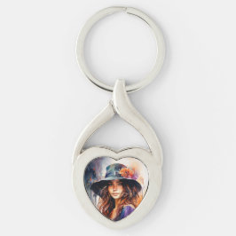 Kvinna i Hat: Porträtt i Vibrant Grace Twisted Heart Silverfärgad Nyckelring
