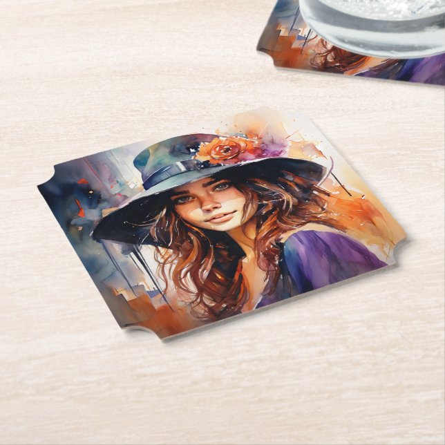 Kvinna i Hat: Porträtt i Vibrant Grace Underlägg Papper (Vinklad)