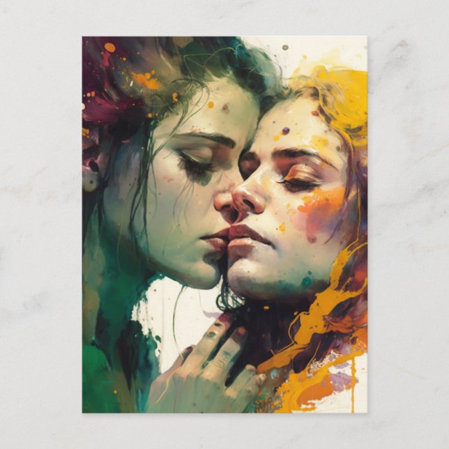 Kvinna i Kärlek Färgstark målning med blandade med Vykort (Framsida)