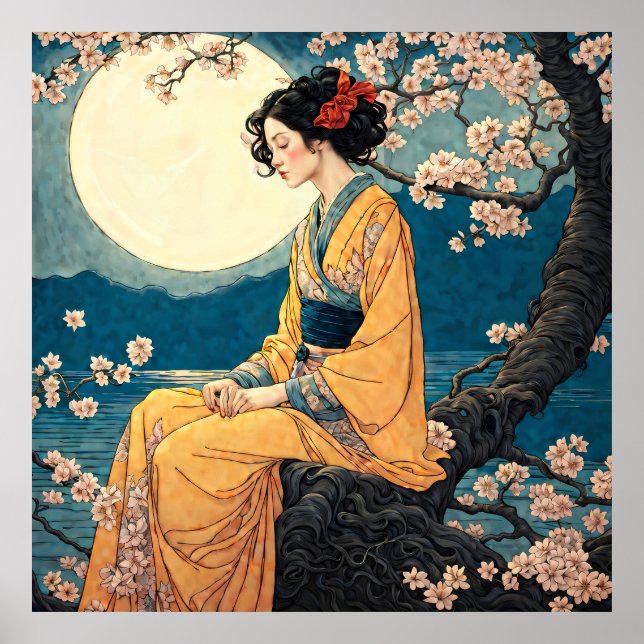 Kvinna i Kimono Cherry Blommar Moonlit Natt Poster (Framsidan)