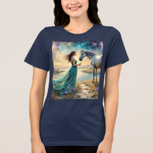Kvinna i klänning och hennes häst natur Landskap T Shirt