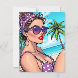 Kvinna i Lila Polka Dot Bikini i Beach Vykort