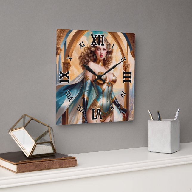 Kvinna i opulent turkos-Attire i Guld från Xzendor Fyrkantig Klocka (Kontor)