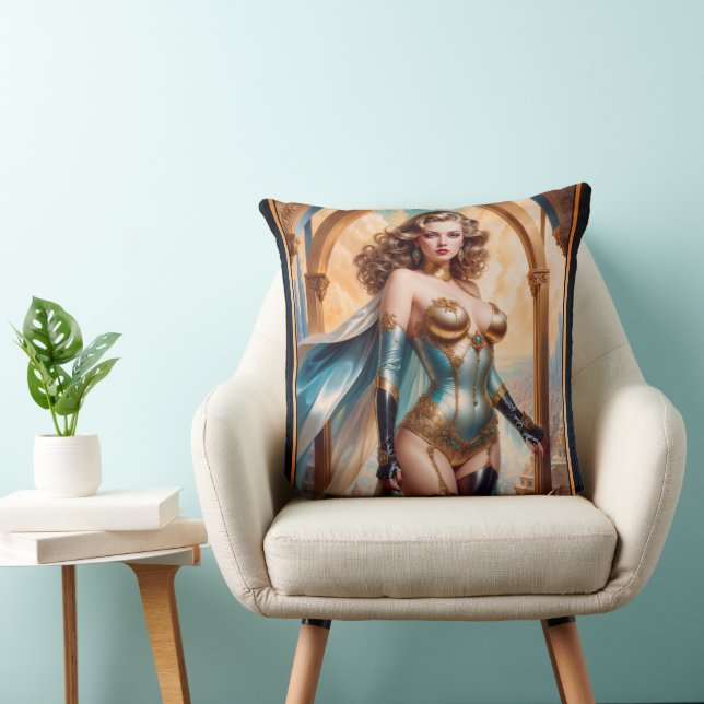 Kvinna i opulent turkos-Attire i Guld från Xzendor Kudde (Stol)