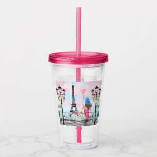 Kvinna i Paris Eiffel Torn akrylisk tumlare Take Away Mugg