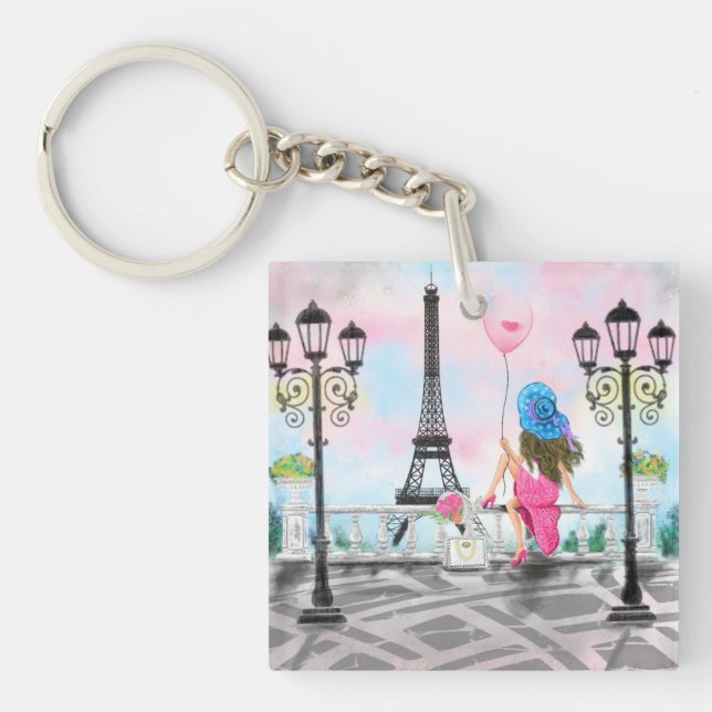 Kvinna i Paris Keychain Eiffel Torn (Framsidan)