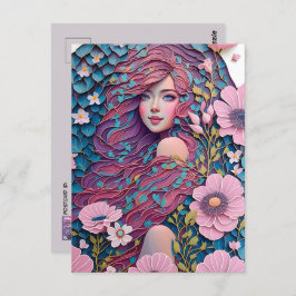 Kvinna i pastellblommor, postkorsning vykort