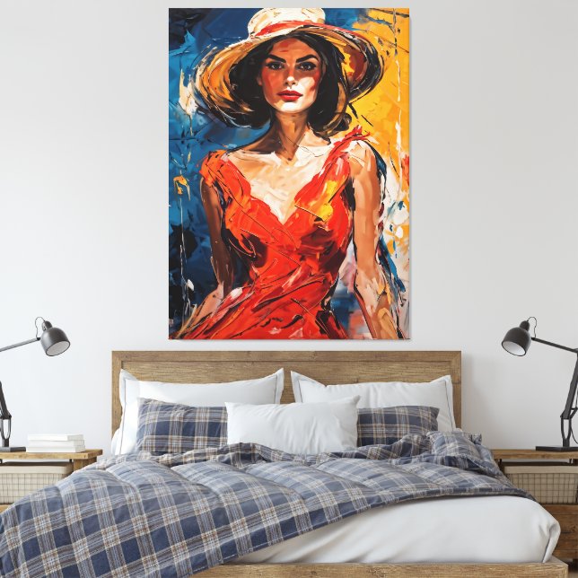 Kvinna i Red Cocktail Dress Canvastryck (Insitu (sovrum))