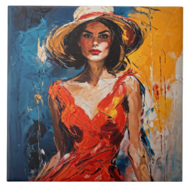 Kvinna i Red Cocktail Dress Kakelplatta