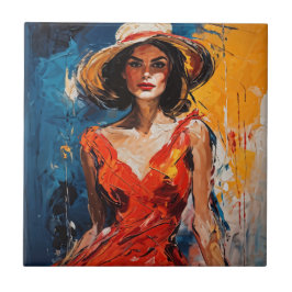 Kvinna i Red Cocktail Dress Kakelplatta