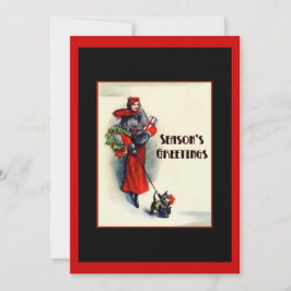 Kvinna i röd kappa med skotsk terrier öppen hus inbjudningar