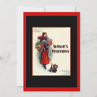 Kvinna i röd kappa med skotsk terrier öppen hus inbjudningar