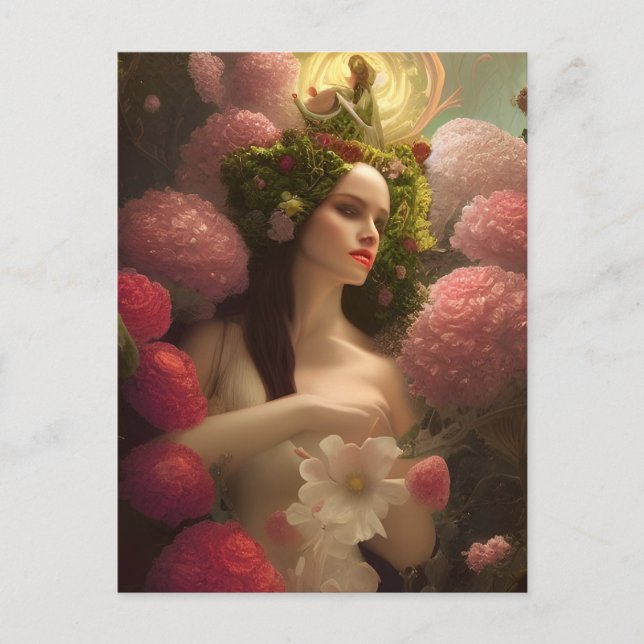 Kvinna i rosa blommor vykort (Framsida)