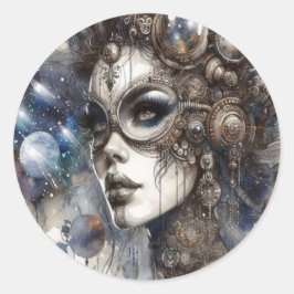 Kvinna i rymdklistermärken runt klistermärke