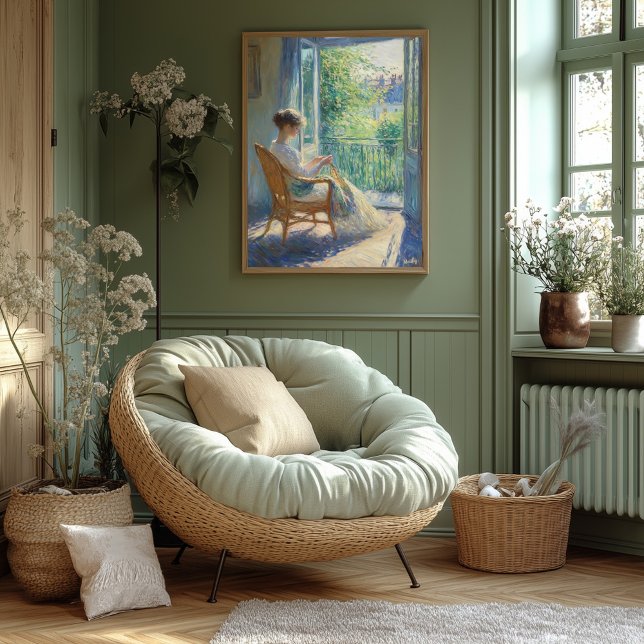 Kvinna i solbelyst rum med balkong - Impressionist Poster (Skapare uppladdad)