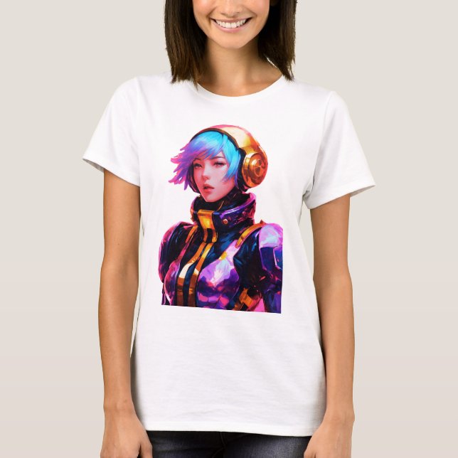 Kvinna i Spacesuit Anime Stil T Shirt (Framsida)
