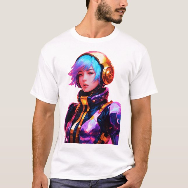 Kvinna i Spacesuit Anime Stil T Shirt (Framsida)