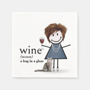 Kvinna i stavfigur med vin och katt pappersservett