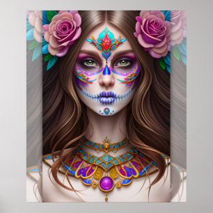 Kvinna i Sugar Skull Makeup Art Poster