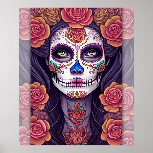 Kvinna i Sugar Skull Makeup Art Poster (Framsidan)