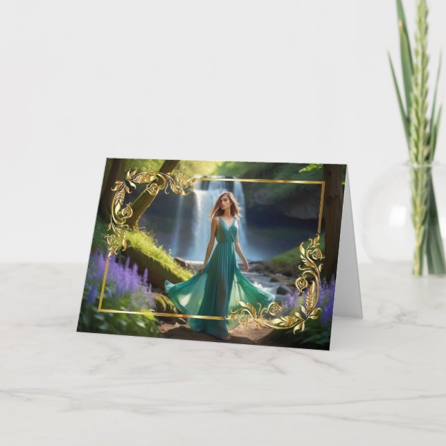 Kvinna i Teal efter Waterfalls födelsekort Kort (Framsida)