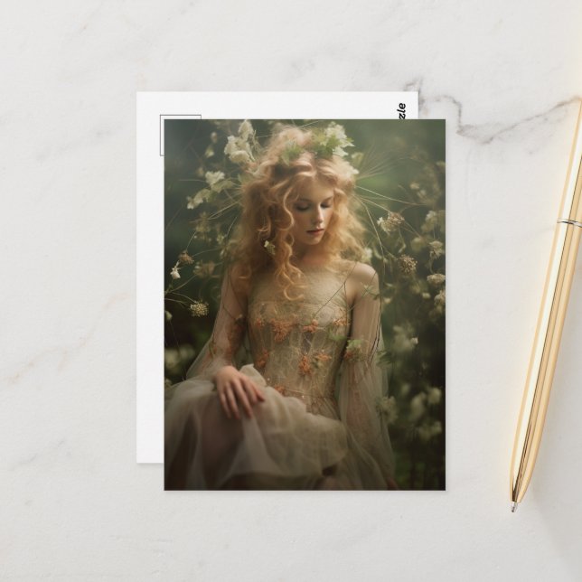 Kvinna i Wildblommor Vykort (Fram/Back In Situ)