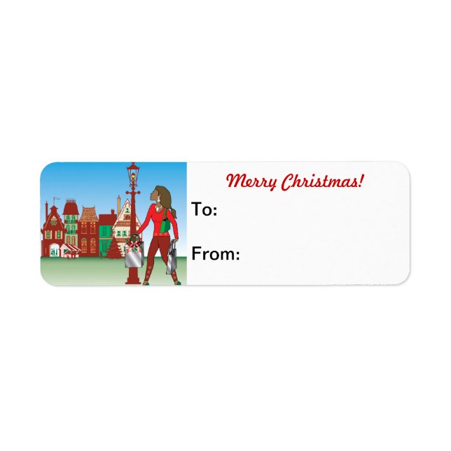 Kvinna julshopping med påsar klädda mode returadress etikett (Framsidan)