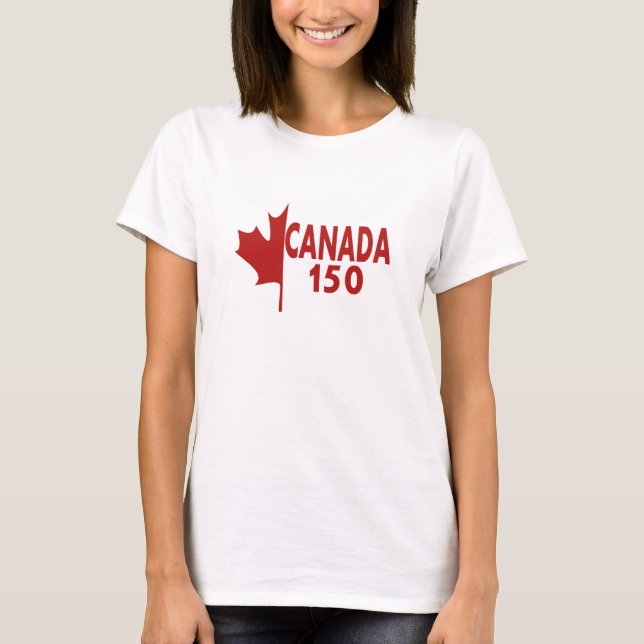 Kvinna Kanada 150 T-tröja (vit på rött) Tee Shirt (Framsida)