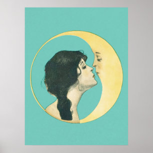 Kvinna Kissing-Vintagen i Måne Skriv ut Poster