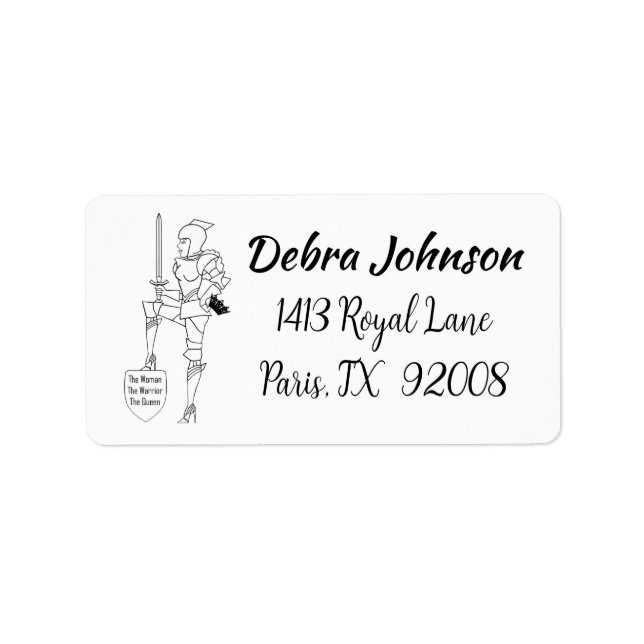 "Kvinna, krigare, drottning" Adressetikett (Framsidan)