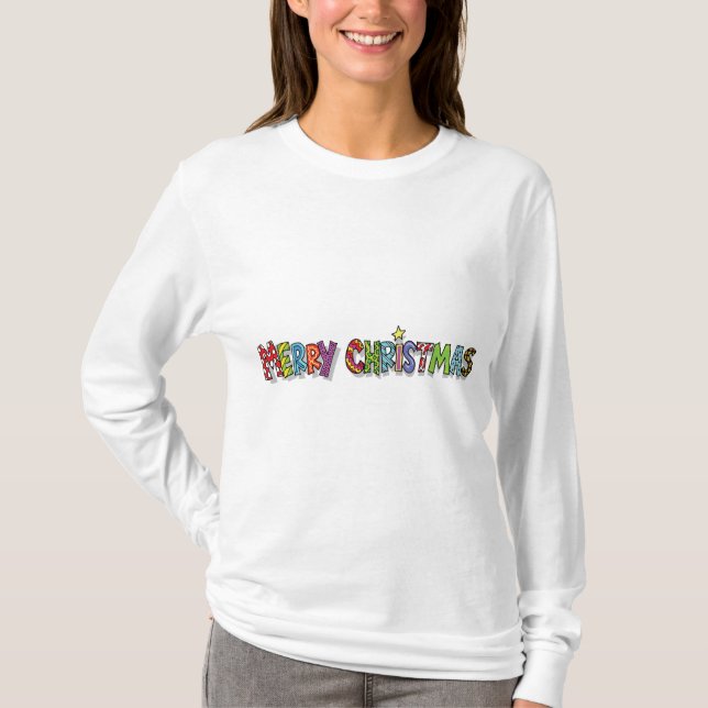 Kvinna långa muff jul tee shirt (Framsida)