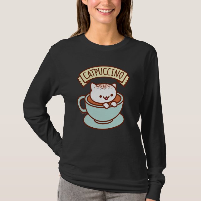 Kvinna långärmad för kattT-tröja - "CATPUCCINO ", T Shirt (Framsida)