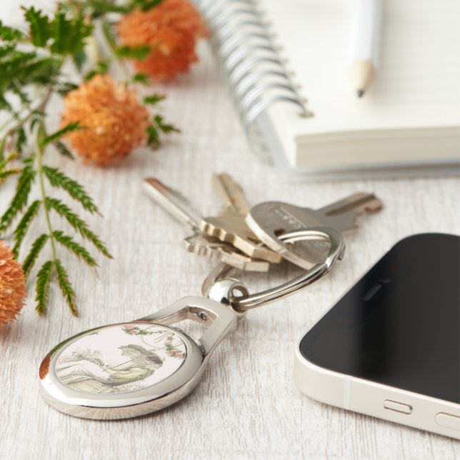 Kvinna-läsning Ovalt Silverfärgad Nyckelring (Sidan)