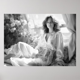 Kvinna ljugande på vit silke lakan B&W-foto Poster