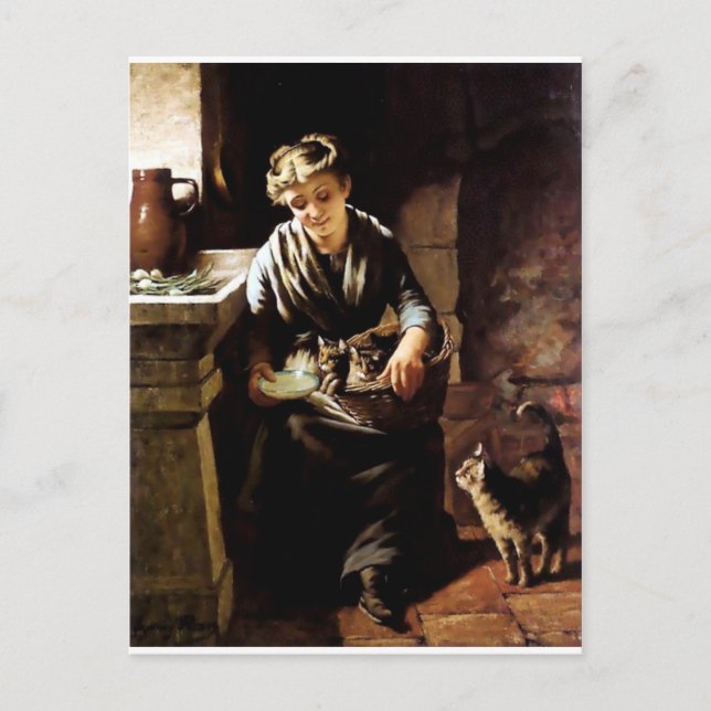 Kvinna matande katter, antika målningar vykort (Framsida)