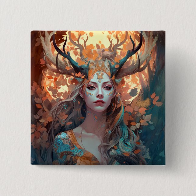 Kvinna med Antlers Fantasy Art Knapp (Framsida)