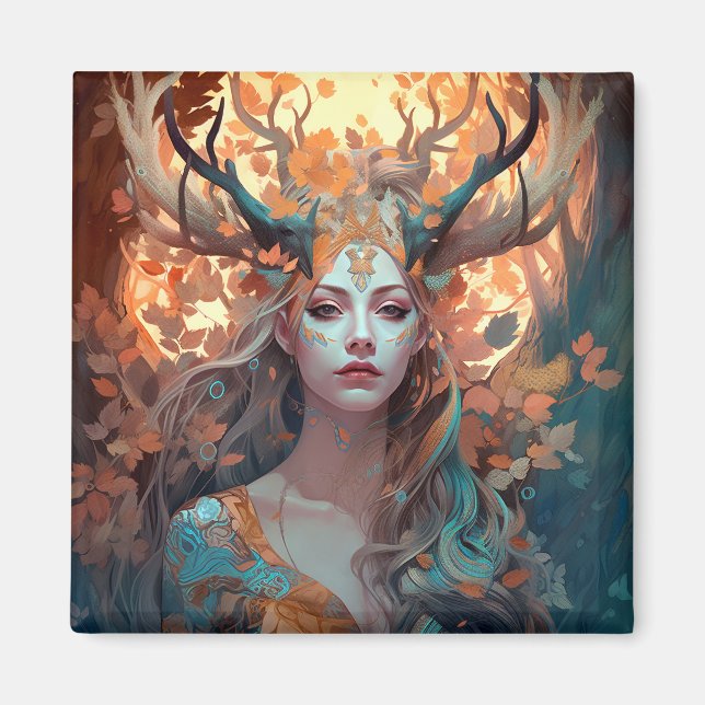 Kvinna med Antlers Fantasy Art Magnet (Framsidan)